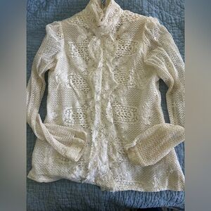 Vintage cream crochet blouse with stand up collar. Back buttons. Abigail's Attic